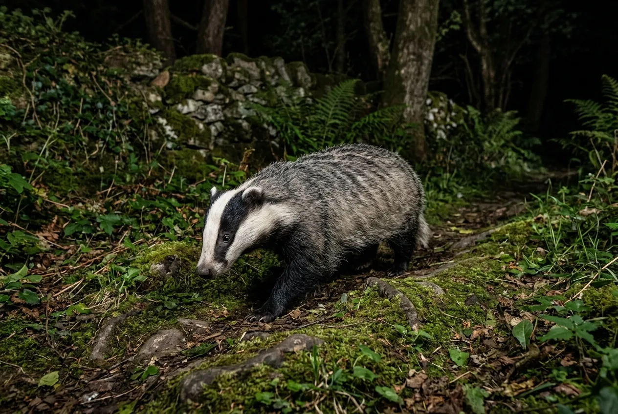 En grävling ljussatt av två blixtar utanför kameran på en nattlig skogsstig, naturligt ljussatt och skarp