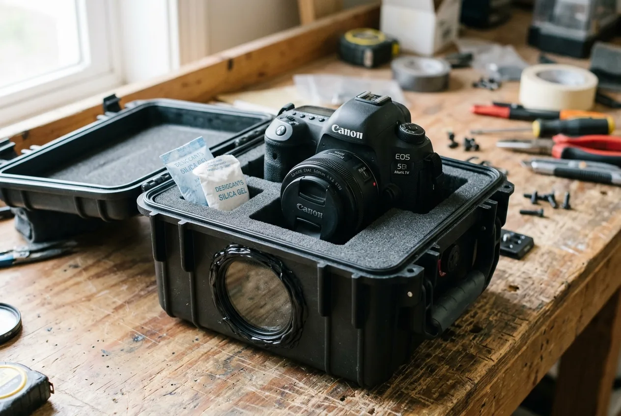 En väderskyddad DSLR i ett hårt fodral med ett UV-filterfönster och silikagelpåsar, på en arbetsbänk