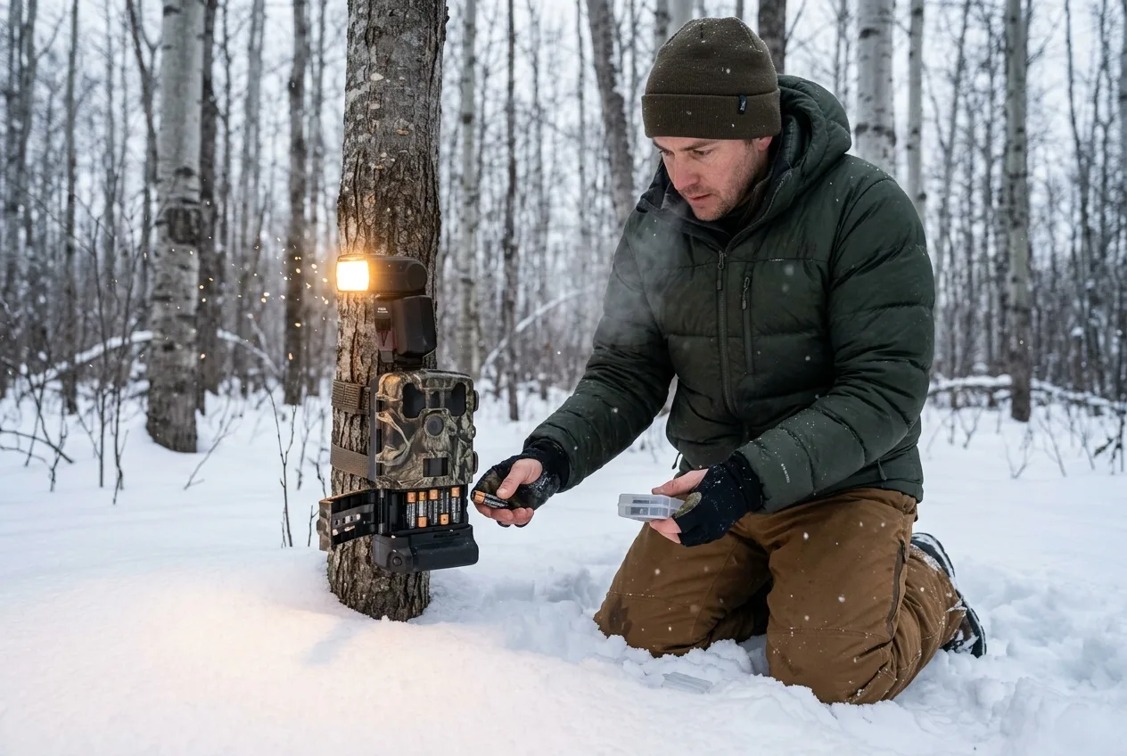 En fotograf i vinterkläder som knäböjer för att byta batterier och provutlösa en kamerafälla i snön