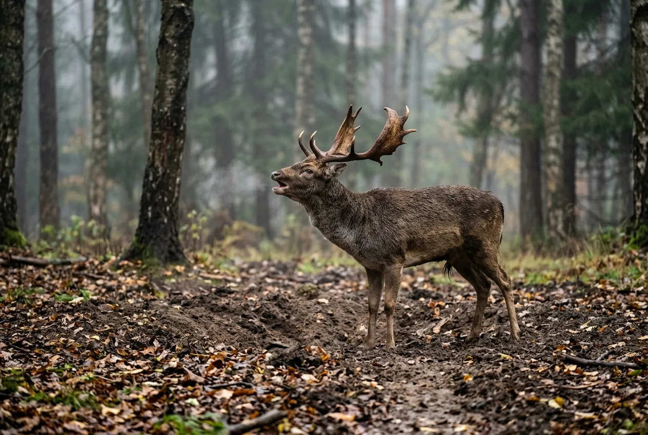 En brölande dovhjorthane med uppåtsträckt mule vid en uppsparkad brunstgrop på en brölplats i en dimmig svensk höstskog