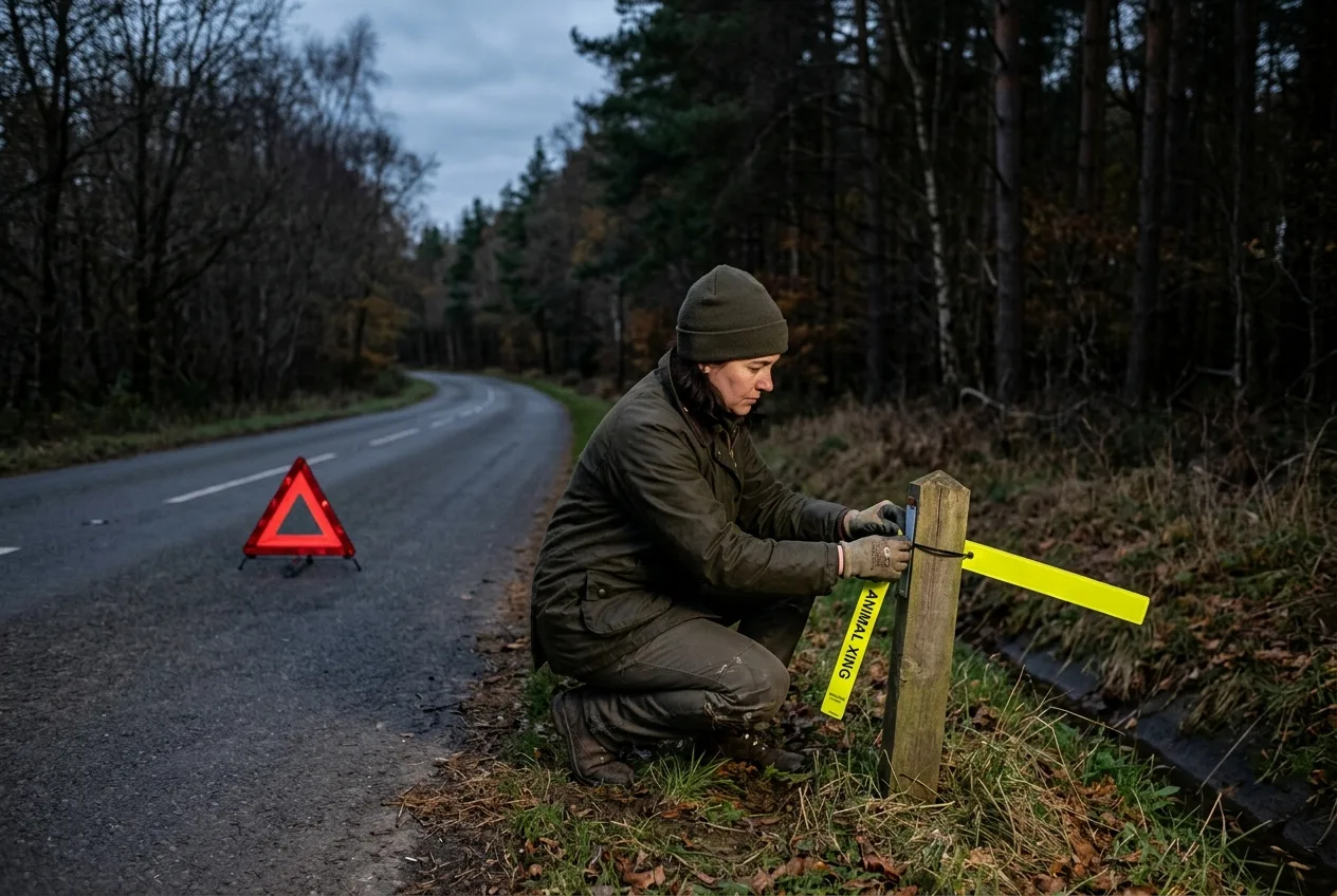 En bilförare i skymning som fäster en gul viltolycksremsa på en vägstolpe vid vägkanten, en utställd varningstriangel på vägen bakom