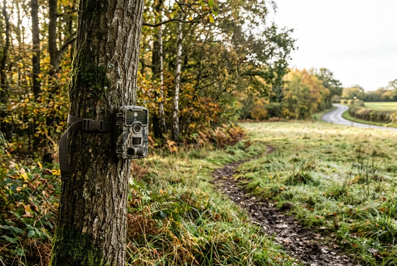 En viltkamera monterad på en trädstam riktad mot en naturlig viltpassage längs en åkerkant intill en skogsväg