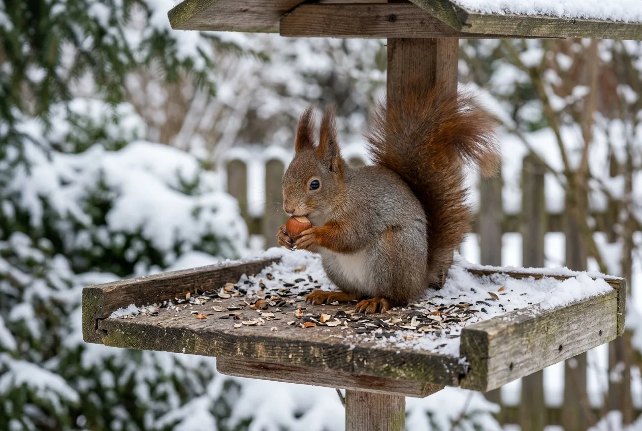 En rödbrun ekorre sitter vid ett fågelbord i en svensk vinterträdgård och håller en hasselnöt i framtassarna