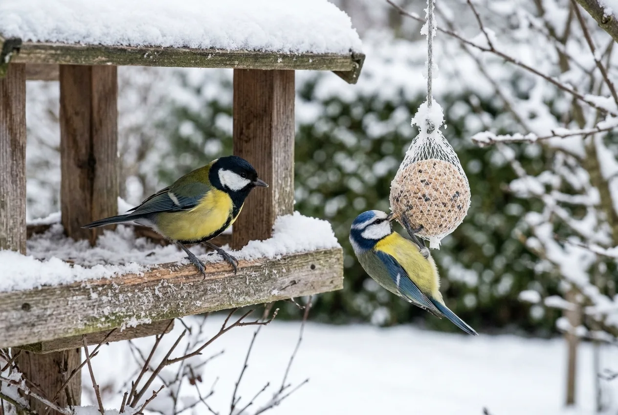 En talgoxe och en blåmes tätt intill den snötäckta talgbollen på ett svenskt fågelbord