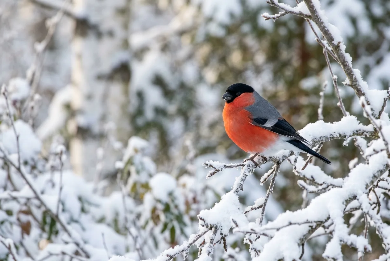 En hane av domherre med körsbärsrött bröst sittande på en snöig gren