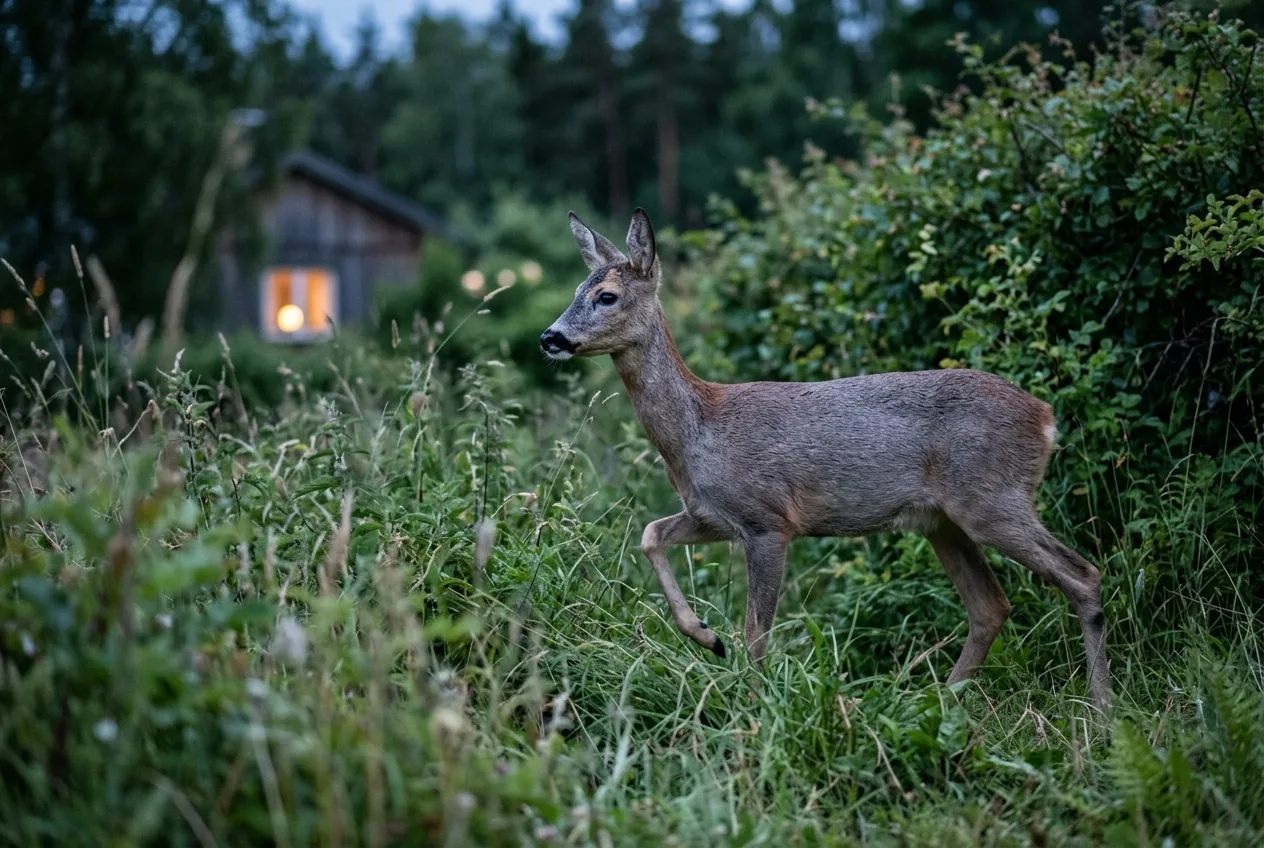 Ett rådjur rör sig längs den frodiga, ovårdade kanten av en villaträdgård i skymningen, där högt gräs möter en häck.
