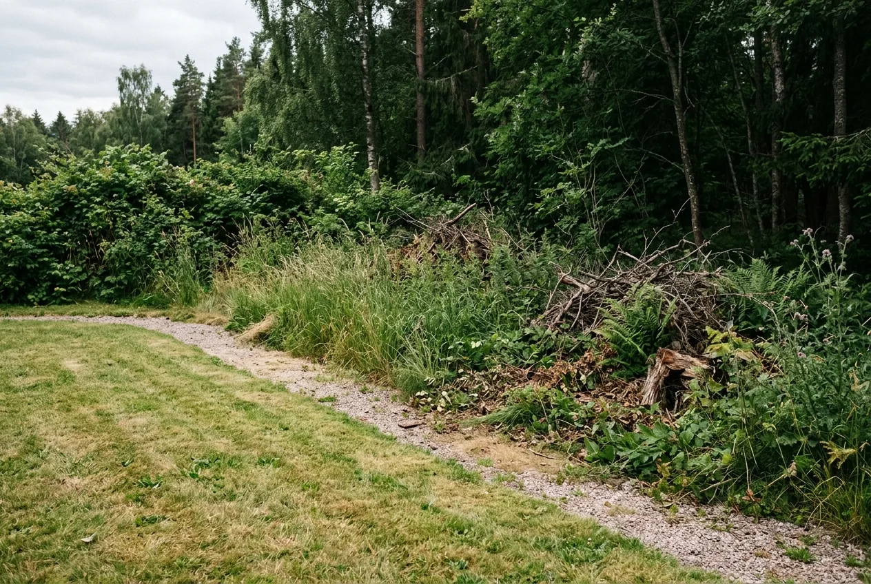 En villaträdgård där den kortklippta soliga gräsmattan möter en skuggig, frodig och ovårdad brynzon mot skogen.