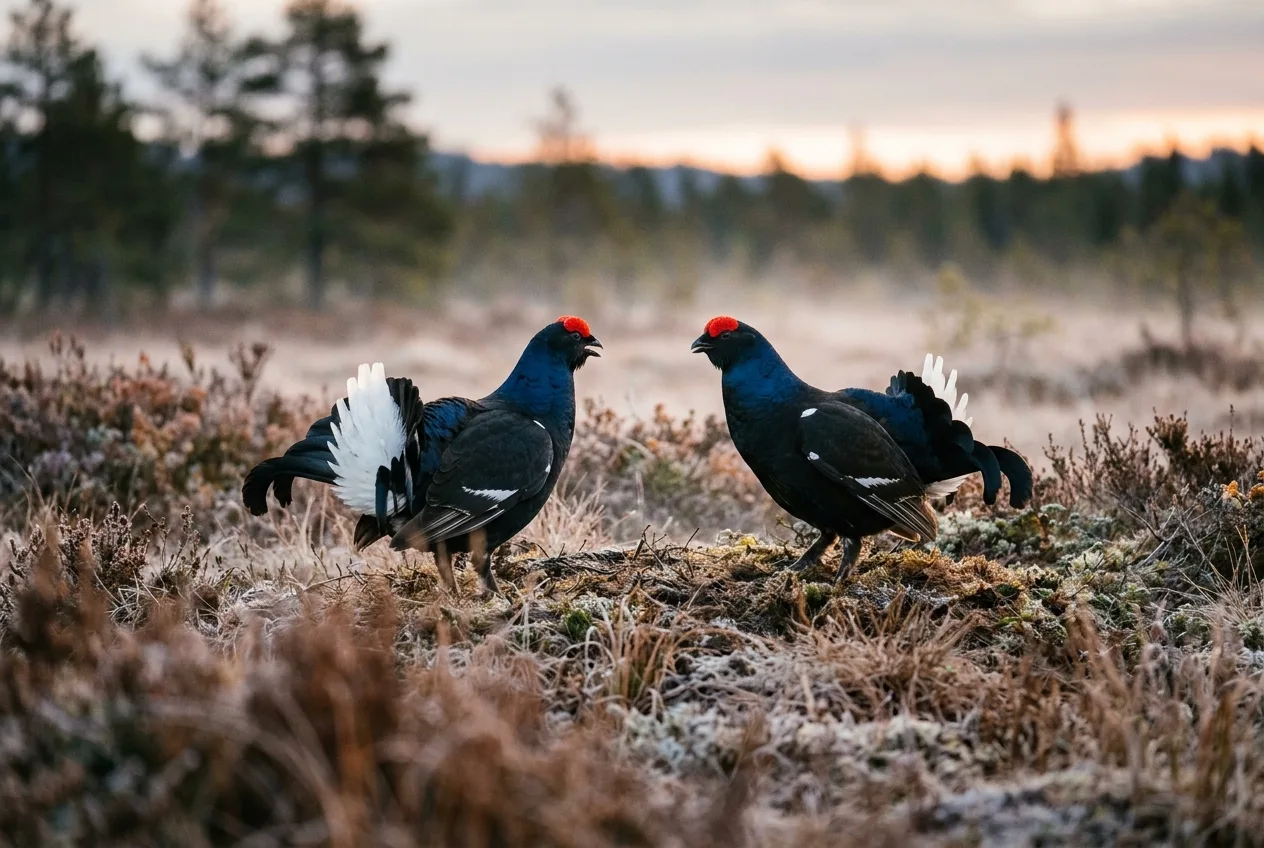Två orrtuppar visar upp sig mot varandra på en myr i morgondimma