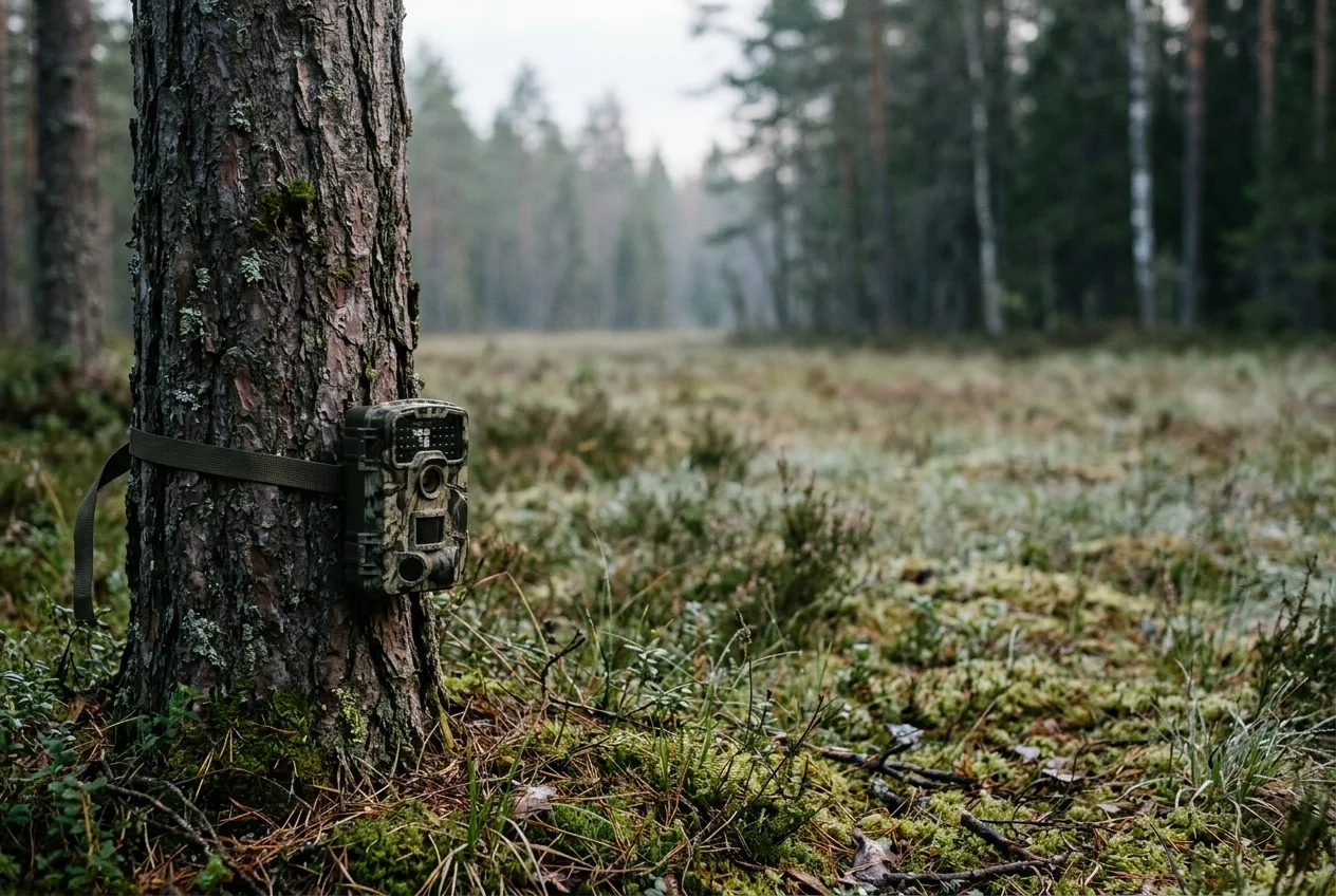 Ett viltkamera diskret monterat lågt mot en tallstam vid kanten av en spelplats