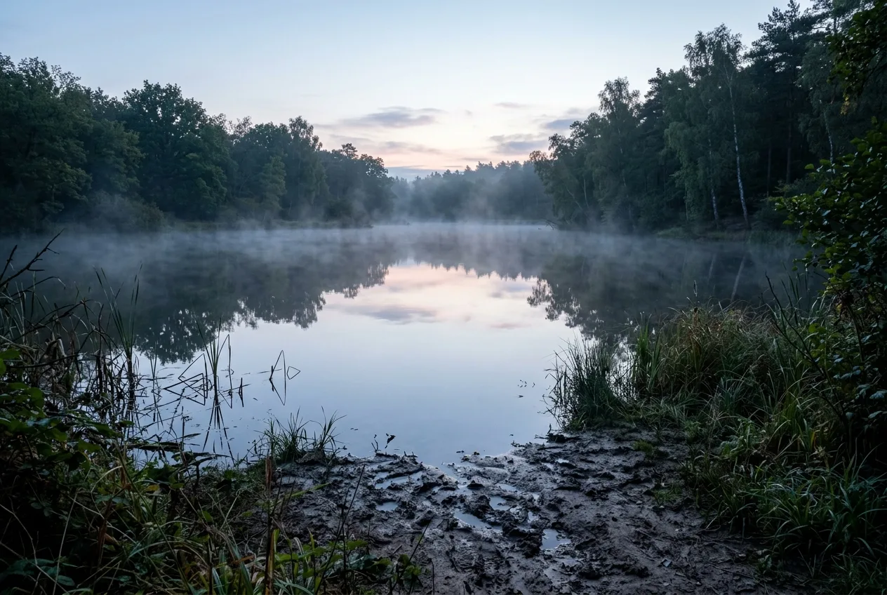 Ett stilla vattenhål i gryningen med uppstigande dimma och mjukt reflekterat ljus