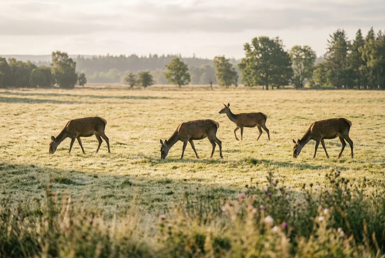 En flock kronhjortar som betar på öppen mark i mjukt morgonljus