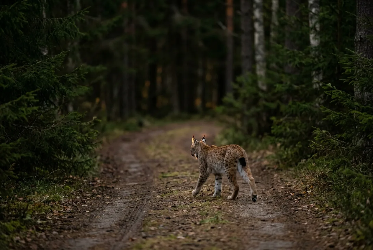 Ett lodjur som går längs en skogsstig i skymningen sett från respektfullt avstånd