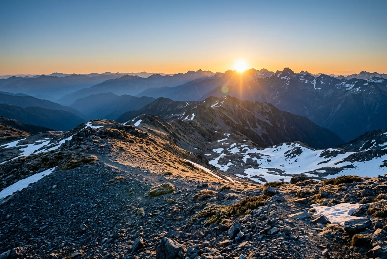 Ett bergslandskap vid soluppgång med solen lågt över en bergskam som kastar långt ljus