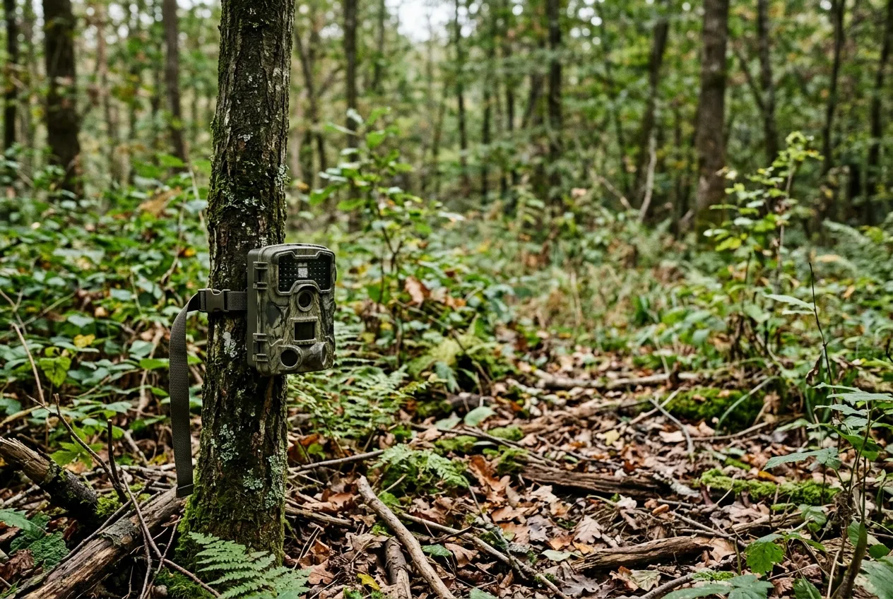 En liten diskret viltkamera fastspänd på ett träd riktad mot en öppen skogsglänta långt från någon stig