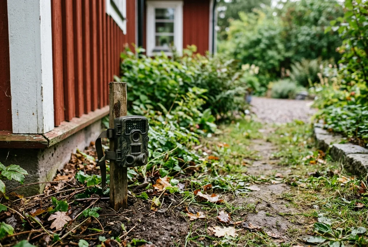En liten viltkamera monterad lågt vid en husvägg, riktad längs en passage i en svensk trädgård