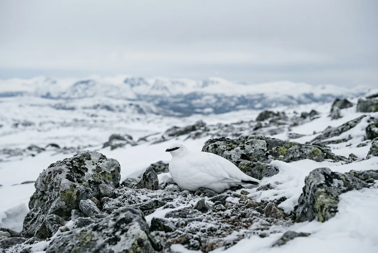 En fjällripa i helvit vinterdräkt sitter på snötäckt blockmark högt uppe på kalfjället.