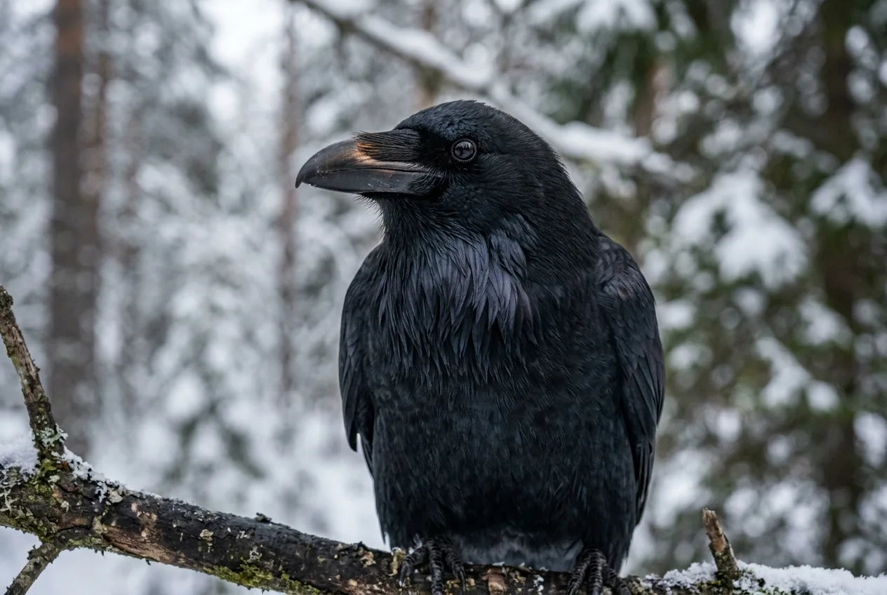 Närbild på en sittande korp i ett träd som visar den kraftiga välvda näbben och det raggiga strupskägget