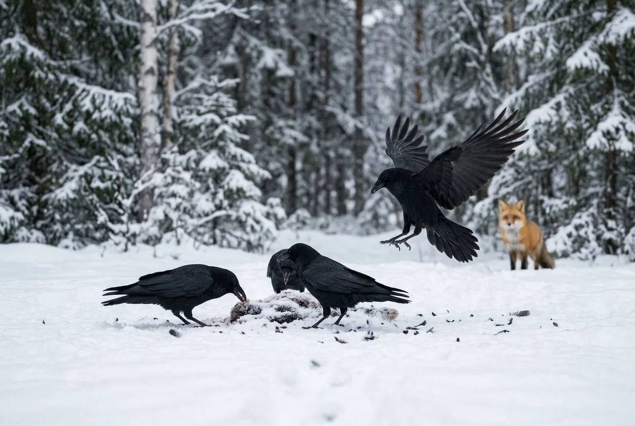 Flera korpar och en räv vid en köttbete i snön i en svensk vinterskog, fångade på avstånd utan synlig gore