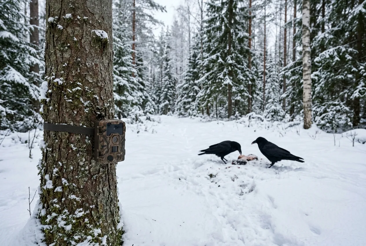 En liten kamouflerad viltkamera fastsurrad lågt på en granstam riktad mot en köttbete i snön där kråkfåglar samlas
