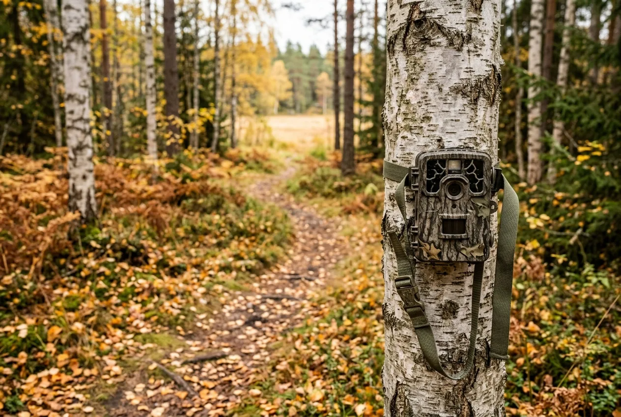 Ett viltkamera fäst mot en stam riktat mot en viltväxlad stig i höstskogen