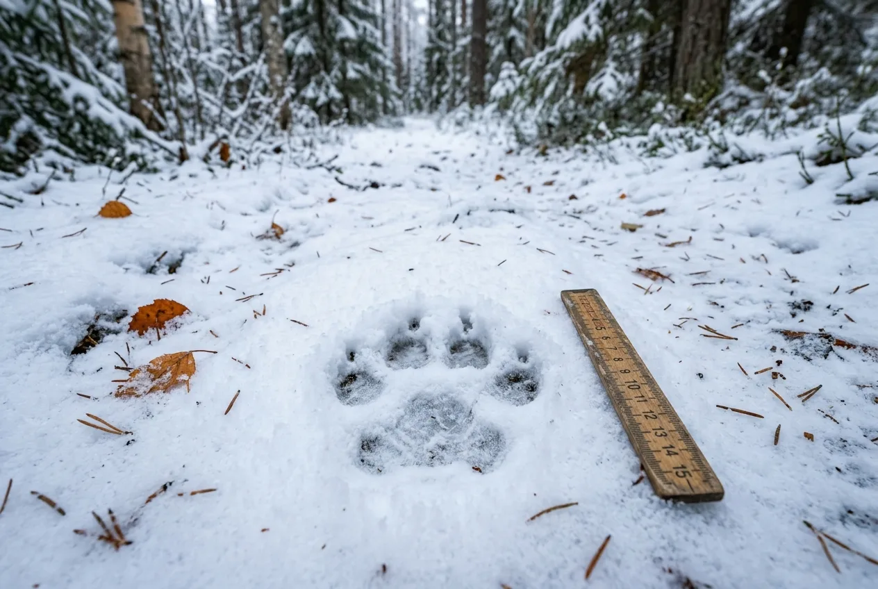 Närbild på ett lodjurspår i snön bredvid en linjal för storleksjämförelse