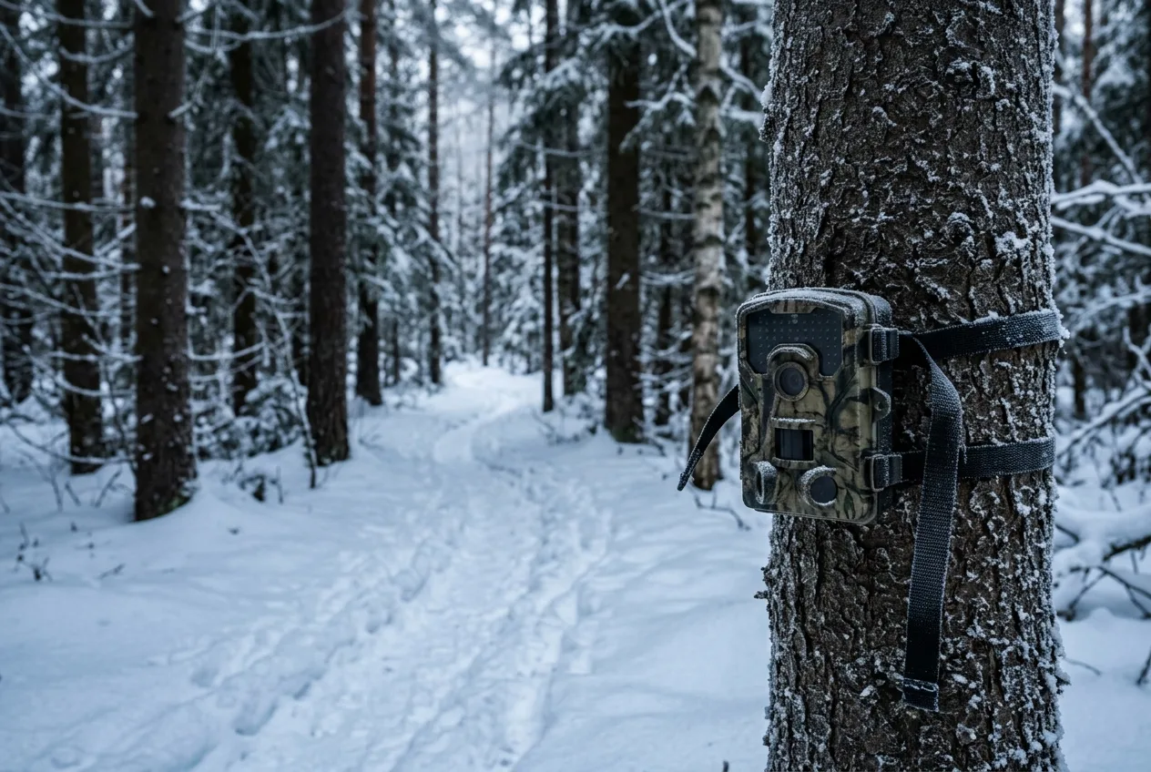 Ett kamouflerat viltkamera fäst vid en granstam riktat mot en snöig viltstig