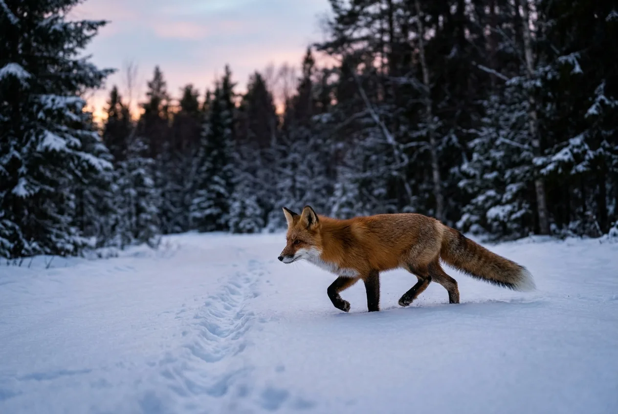 En räv travar över en snöig glänta i kvällsljus, till jämförelse med lodjur