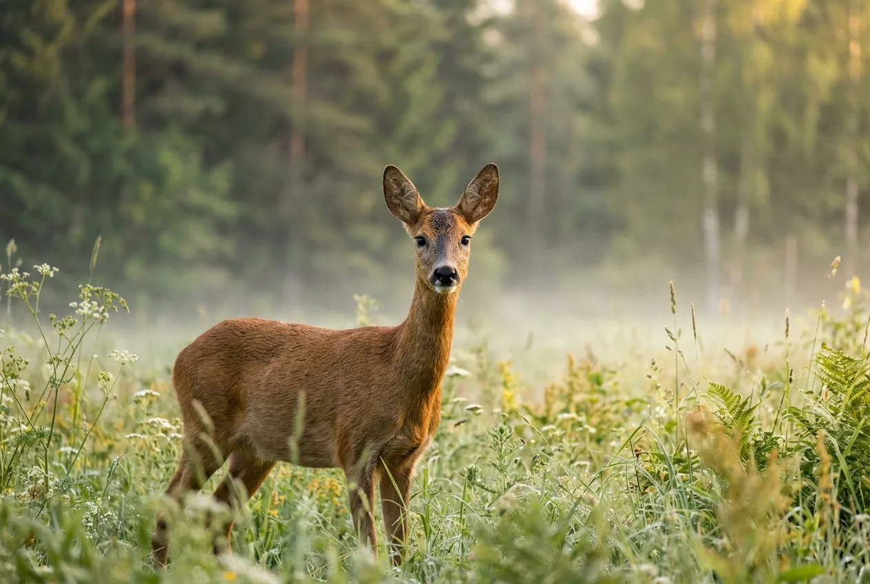 Ett rådjur tittar upp i mjukt morgonljus vid skogsbrynet