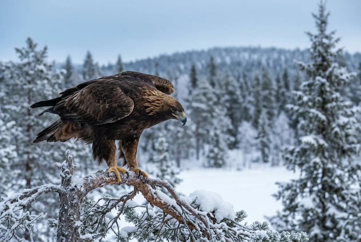 En vuxen kungsörn sitter i en frosttäckt tall och spanar ner mot en öppen vinterglänta.