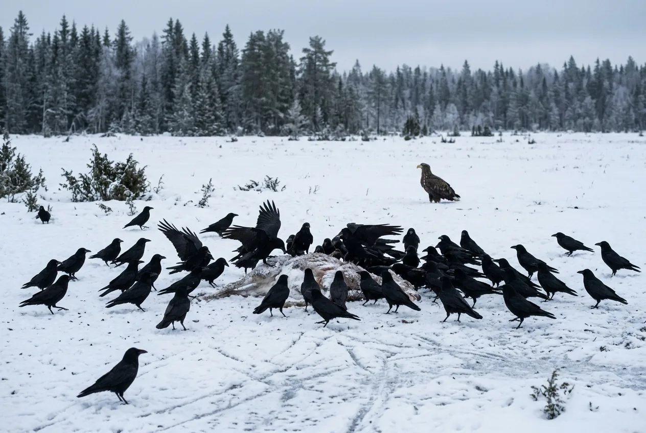 Ett kadaver på snön omringat av en mängd korpar i ett öppet vinterlandskap medan en havsörn väntar i bakgrunden.