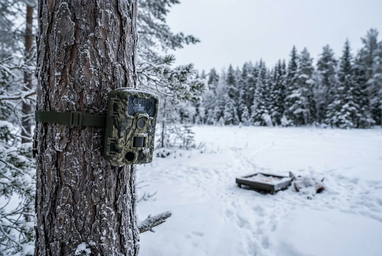 En kamouflerad viltkamera fastsurrad i en tall riktad mot ett snötäckt kadaver i en öppen glänta i svensk vinterskog.