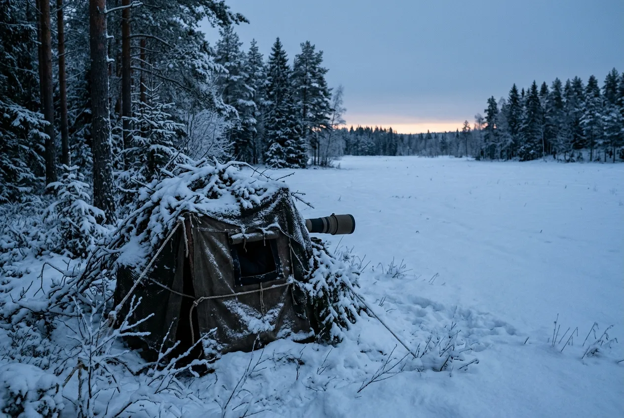 En naturfotograf sitter dold i ett gömsle i gryningen och iakttar en öppen snötäckt åtelplats i svensk vinterskog.