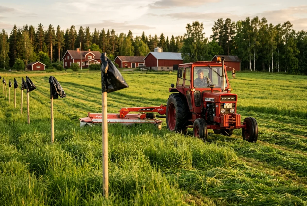 En traktor med slåtteraggregat slår en grön vall i kvällsljus, med svarta plastsäckar på störar utplacerade över fältet i förgrunden