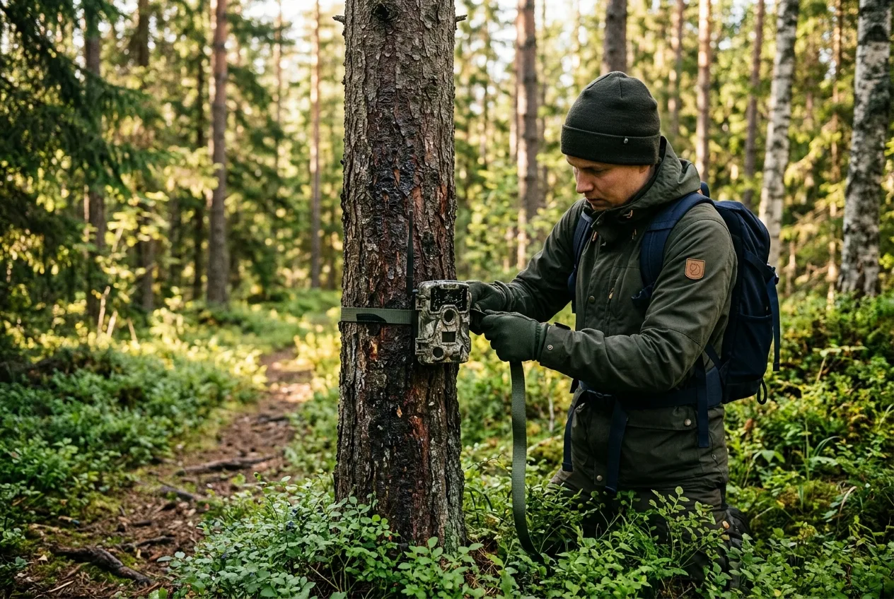 En person fäster ett viltkamera mot ett träd i en solbelyst svensk skog