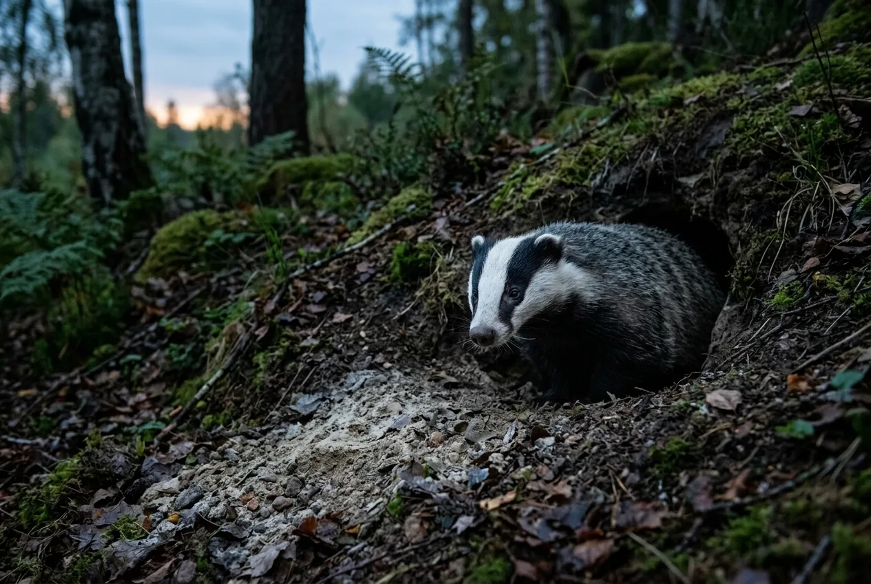 En grävling som tittar fram ur grytöppningen i skymningen i en svensk skog
