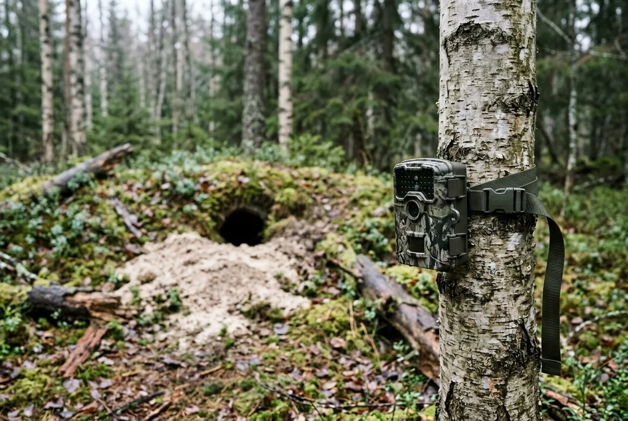 En viltkamera fastsurrad i ett träd på några meters avstånd, riktad mot ett gryt i en skogsslänt