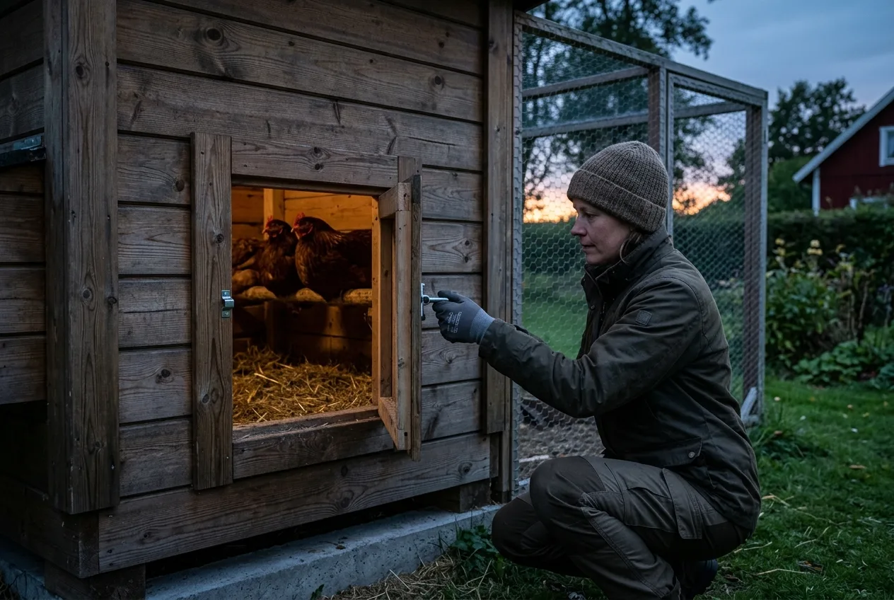 En hönsägare stänger luckan på ett tätt hönshus i skymningen med höns på pinnen inne