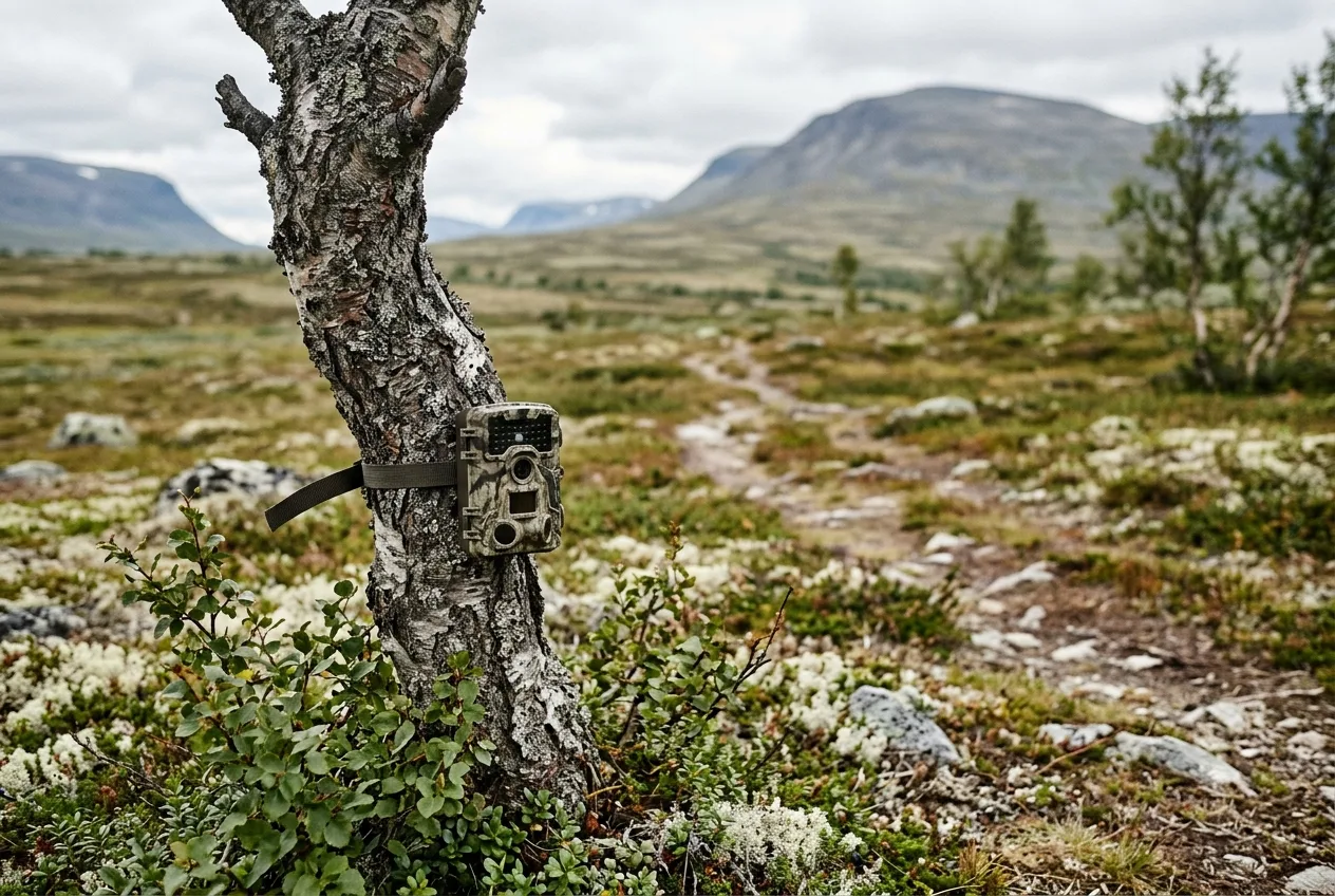 En kamouflerad viltkamera fäst lågt på en fjällbjörk, riktad i våg längs ett renspår i öppen fjällterräng