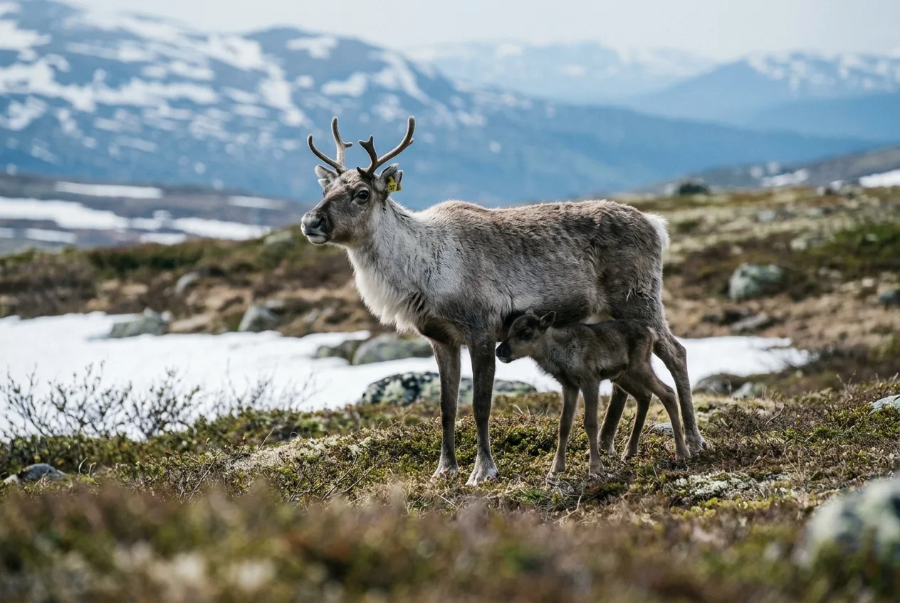 En vaja med sin kalv tätt intill, betande på en vårfjällhed under kalvningstiden