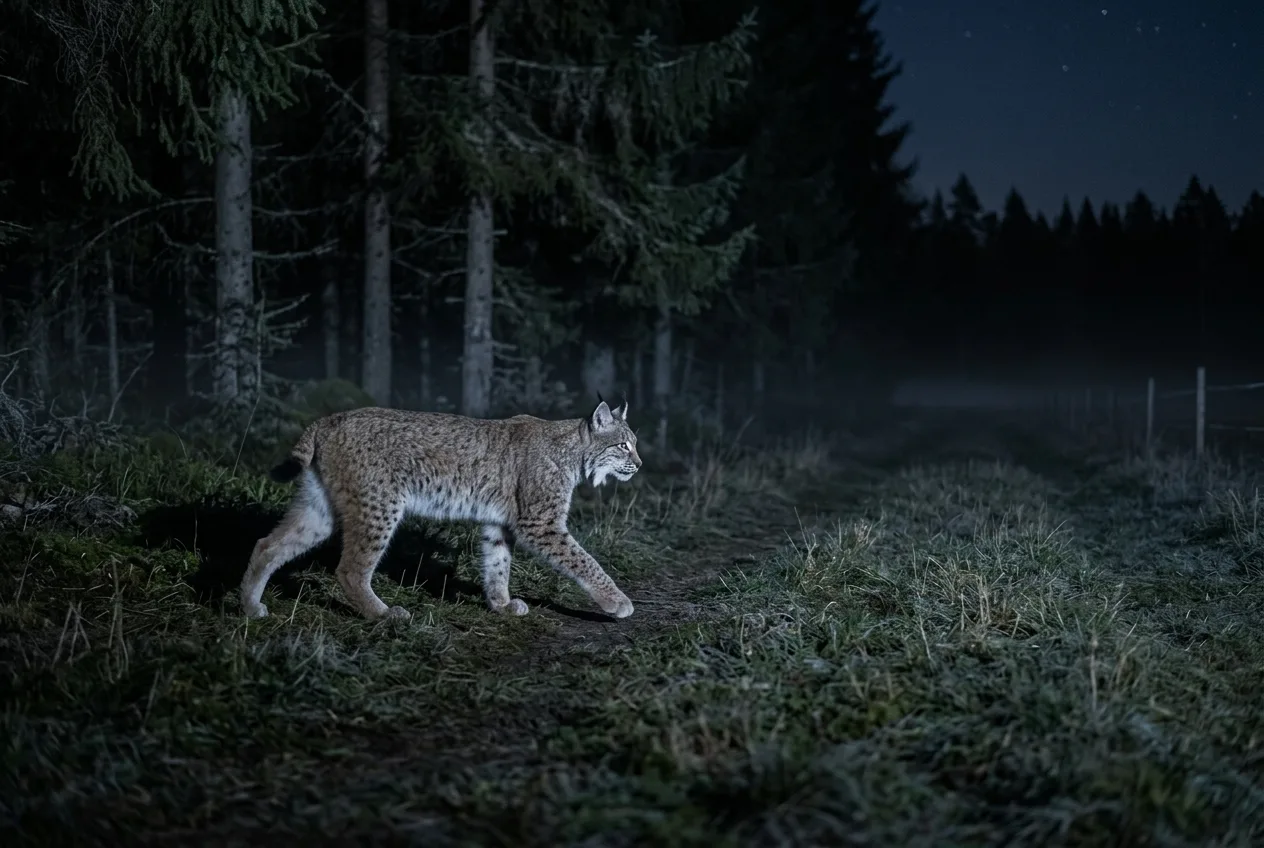 Ett lodjur fångat på avstånd i svalt nattljus i kanten av en nordisk skog nära en betesmark
