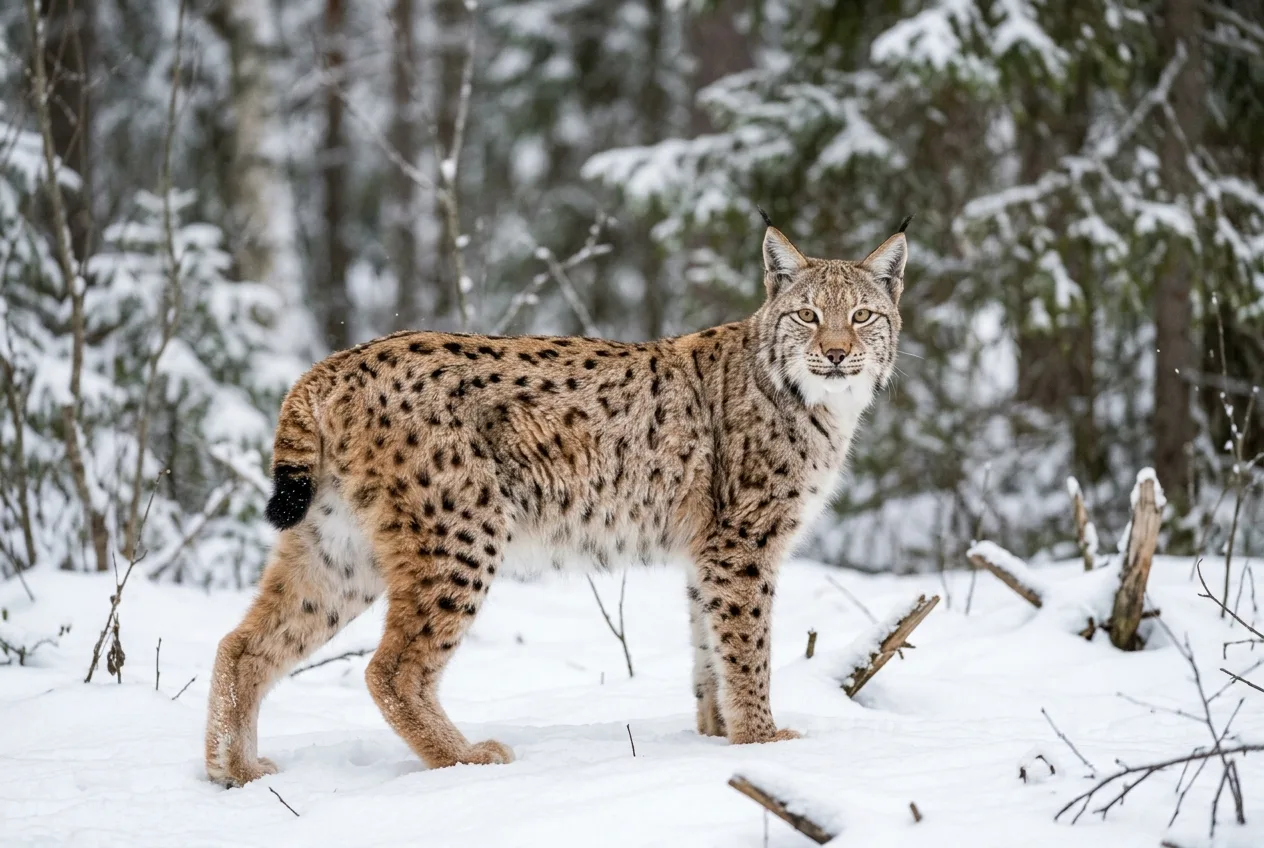 Ett lodjur med tydligt fläckig päls som står i en snöig nordisk skogsglänta