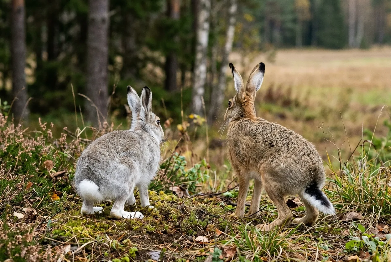 Sida vid sida-jämförelse av skogsharens kortare öron och korta vita bollsvans mot fältharens längre öron och svans med svart ovansida