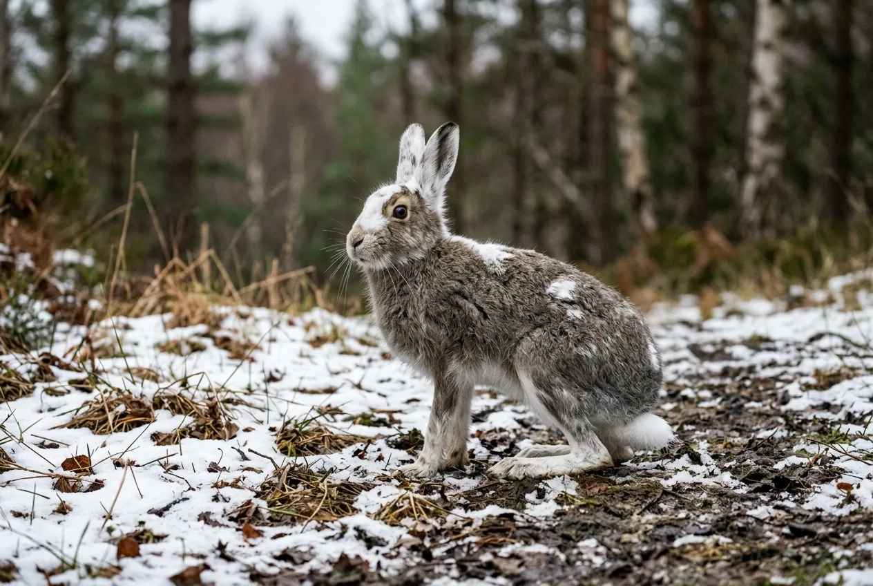 En skogshare i spräcklig övergångspäls, fläckvis vit och brun, på snöfläckig mark under ruggningen