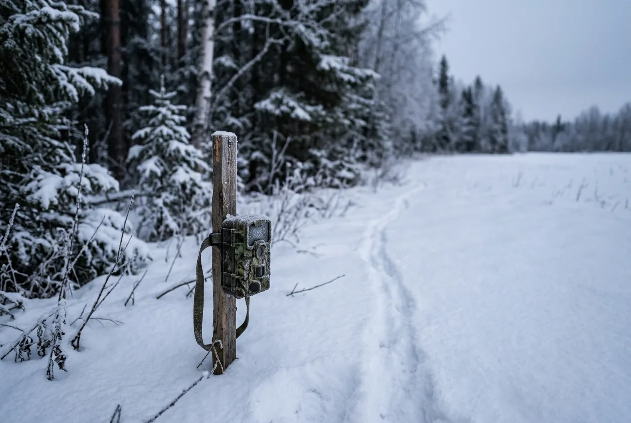 En viltkamera monterad lågt längs en kant mellan snötäckt skog och öppen mark där en hare brukar passera