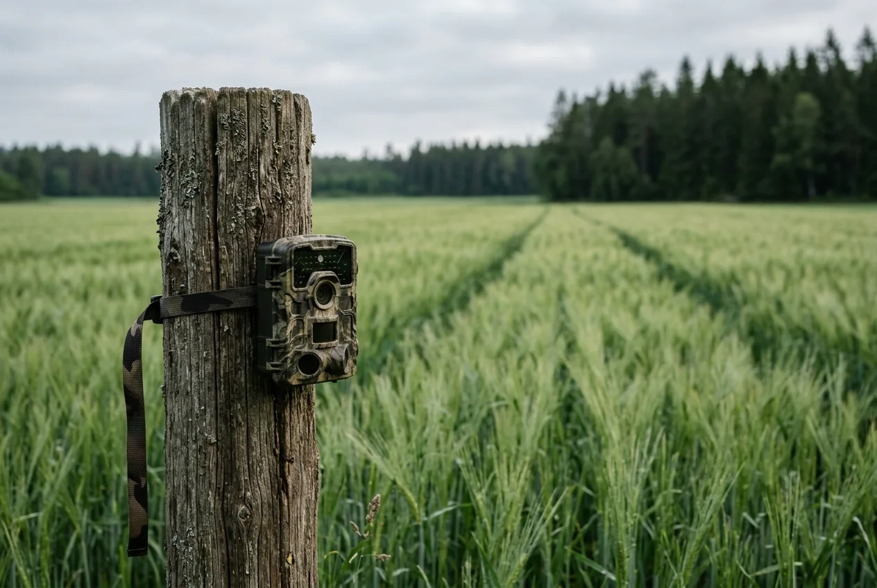En viltkamera fäst på en väderbiten trästolpe vid en åkerkant, riktad ut över en svensk gröda