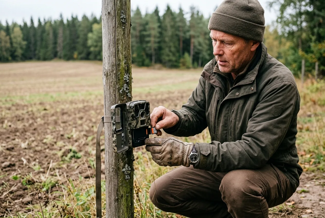 En lantbrukare som knäböjer vid en åkerkant och kontrollerar minneskortet i en viltkamera på en stolpe
