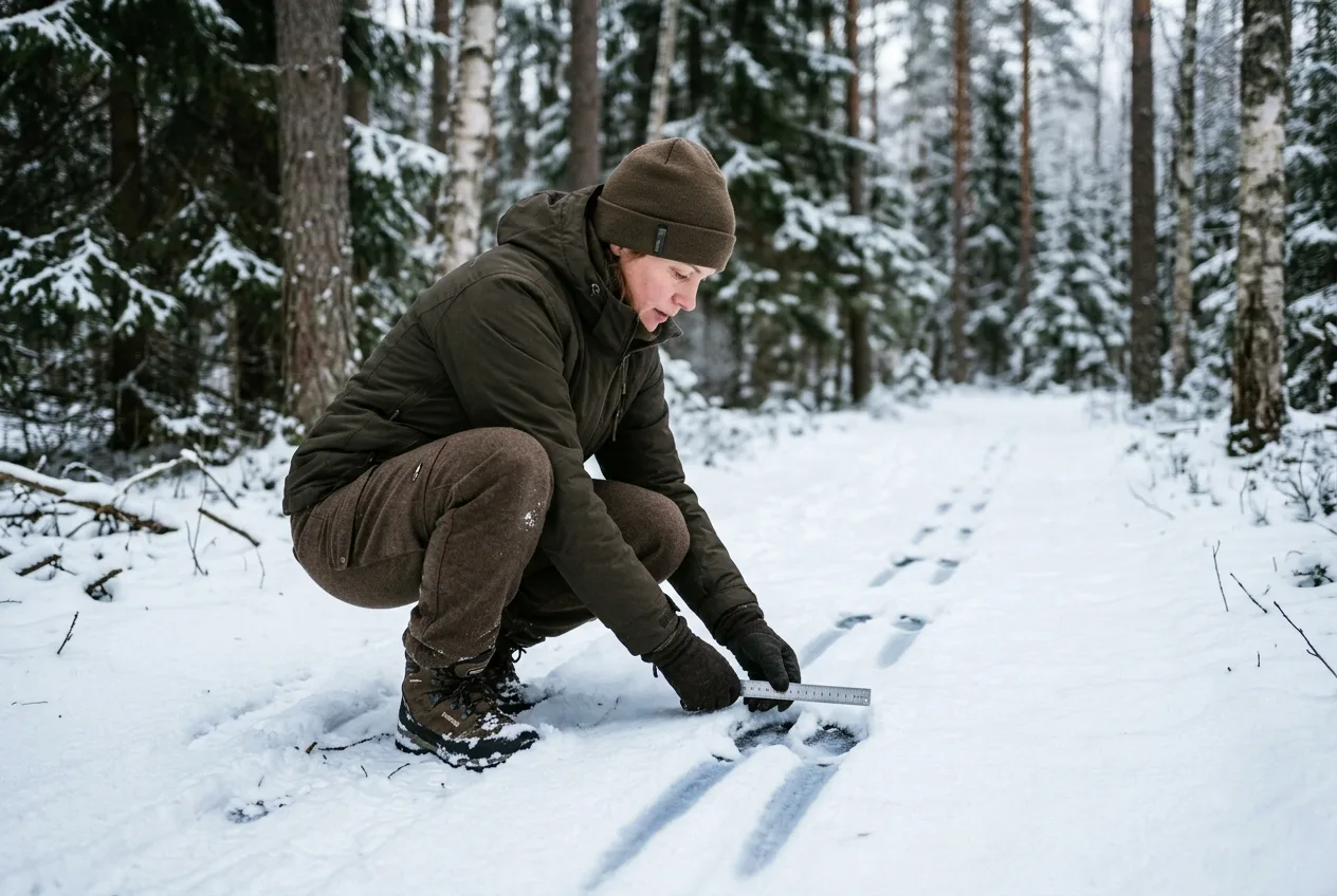 En person hukar i snön och mäter en spårstämpel med en linjal i en svensk vinterskog.
