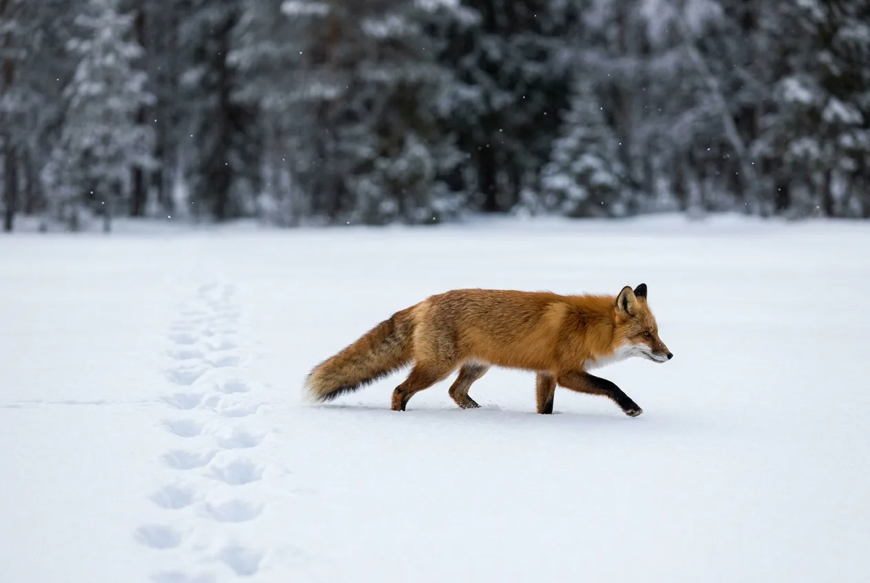 En räv trampar fram genom djup orörd snö och lämnar en prydlig travlöpa efter sig.
