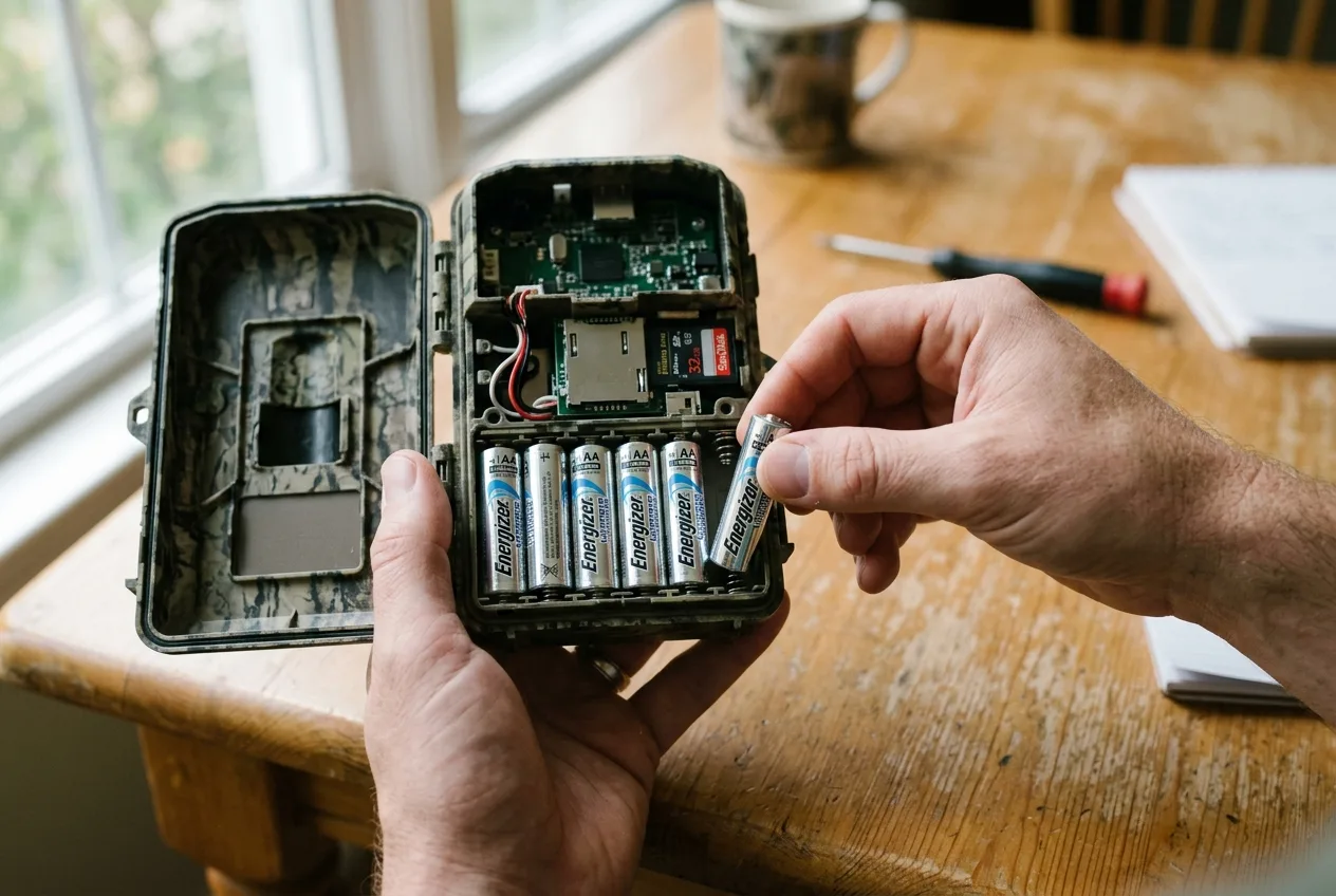 Närbild av en persons händer som laddar färska litium-AA-batterier i en öppen viltkamera