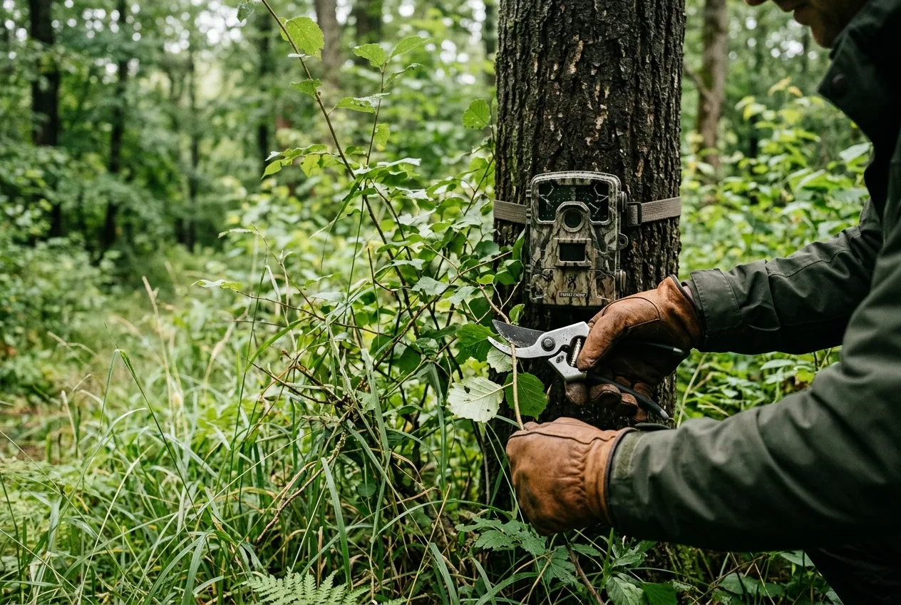 En persons behandskade händer som klipper bort högt gräs och en gren framför en monterad viltkamera